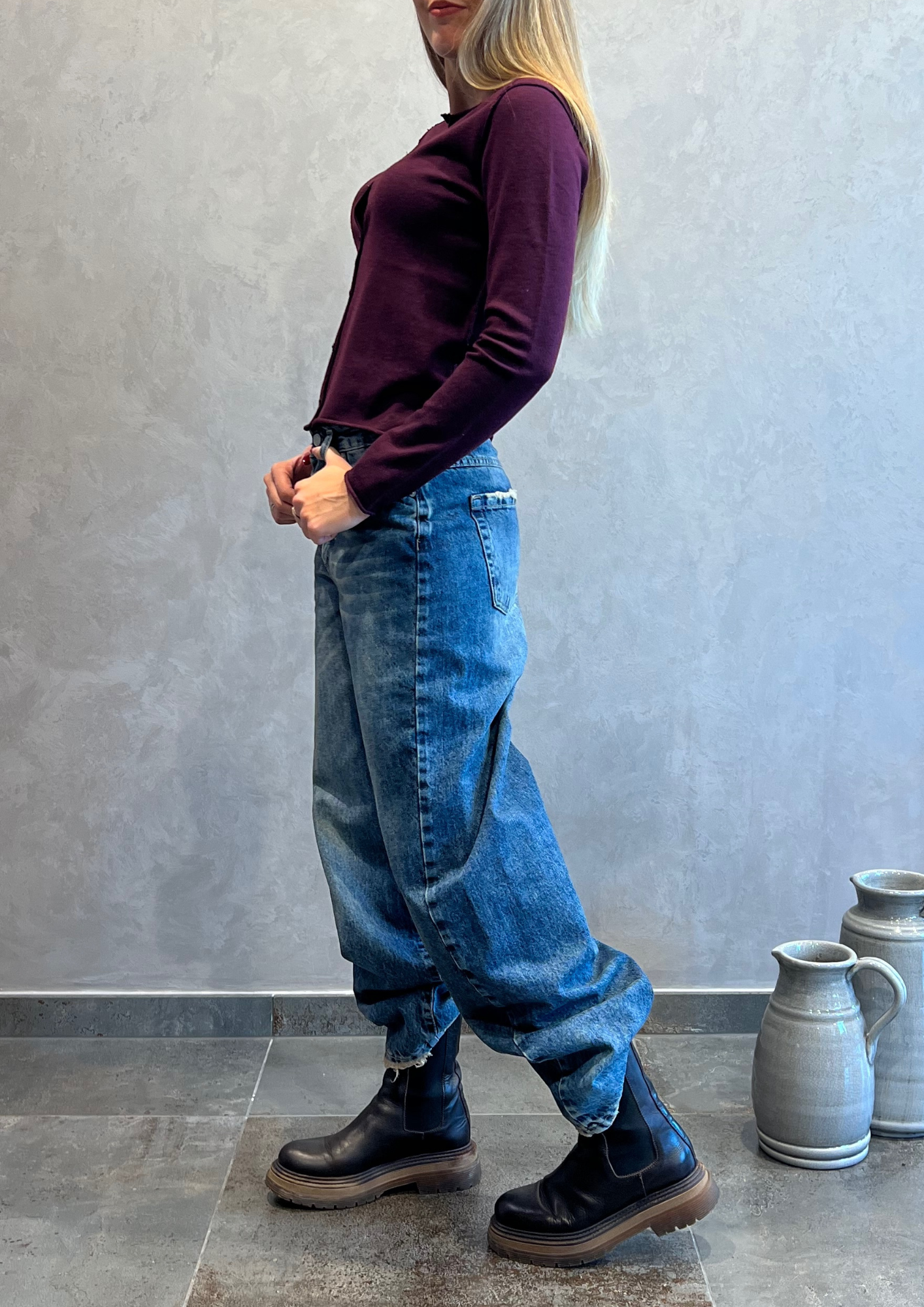 Jeans baggy barrel blu sabbiato