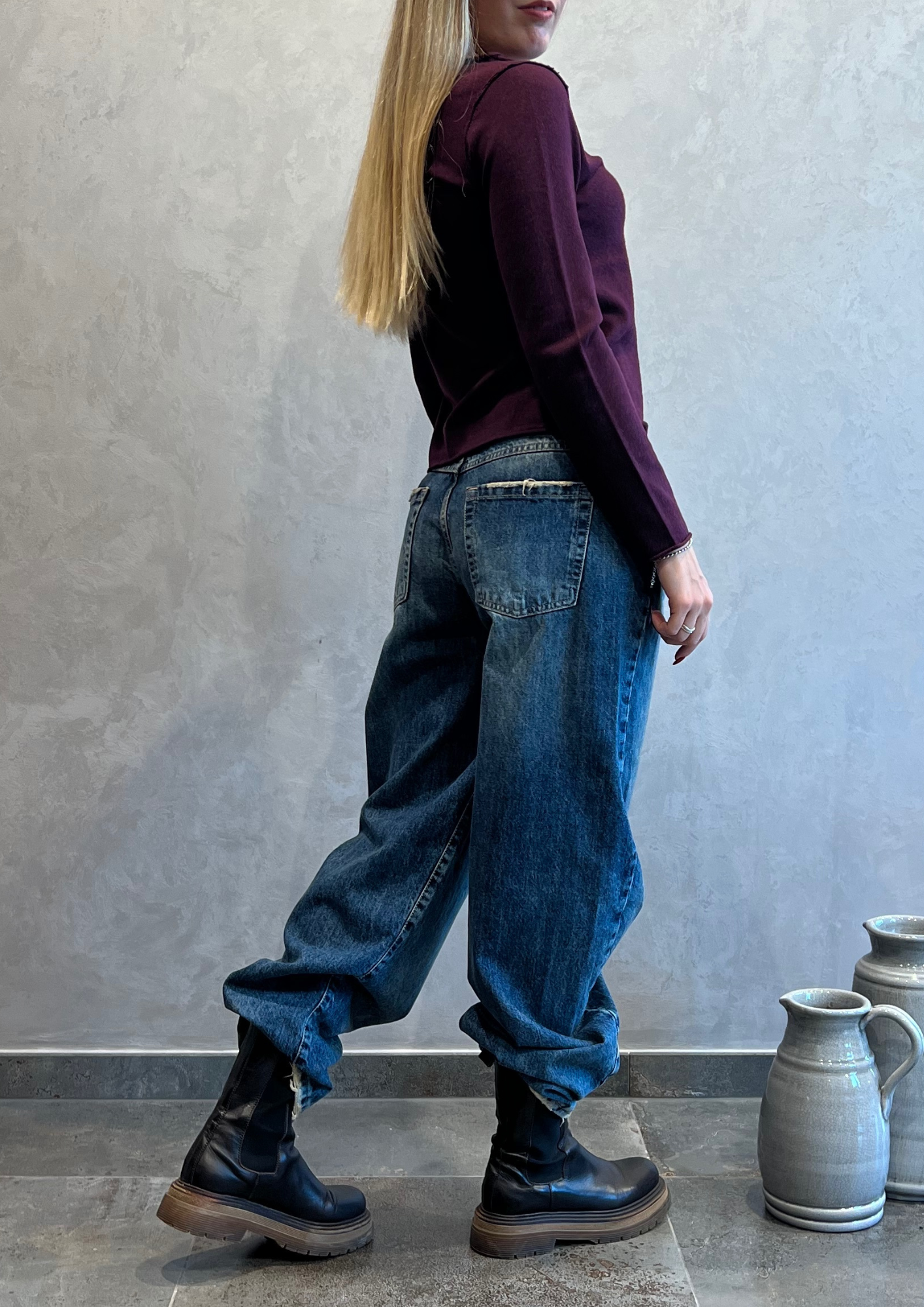 Jeans baggy barrel blu sabbiato