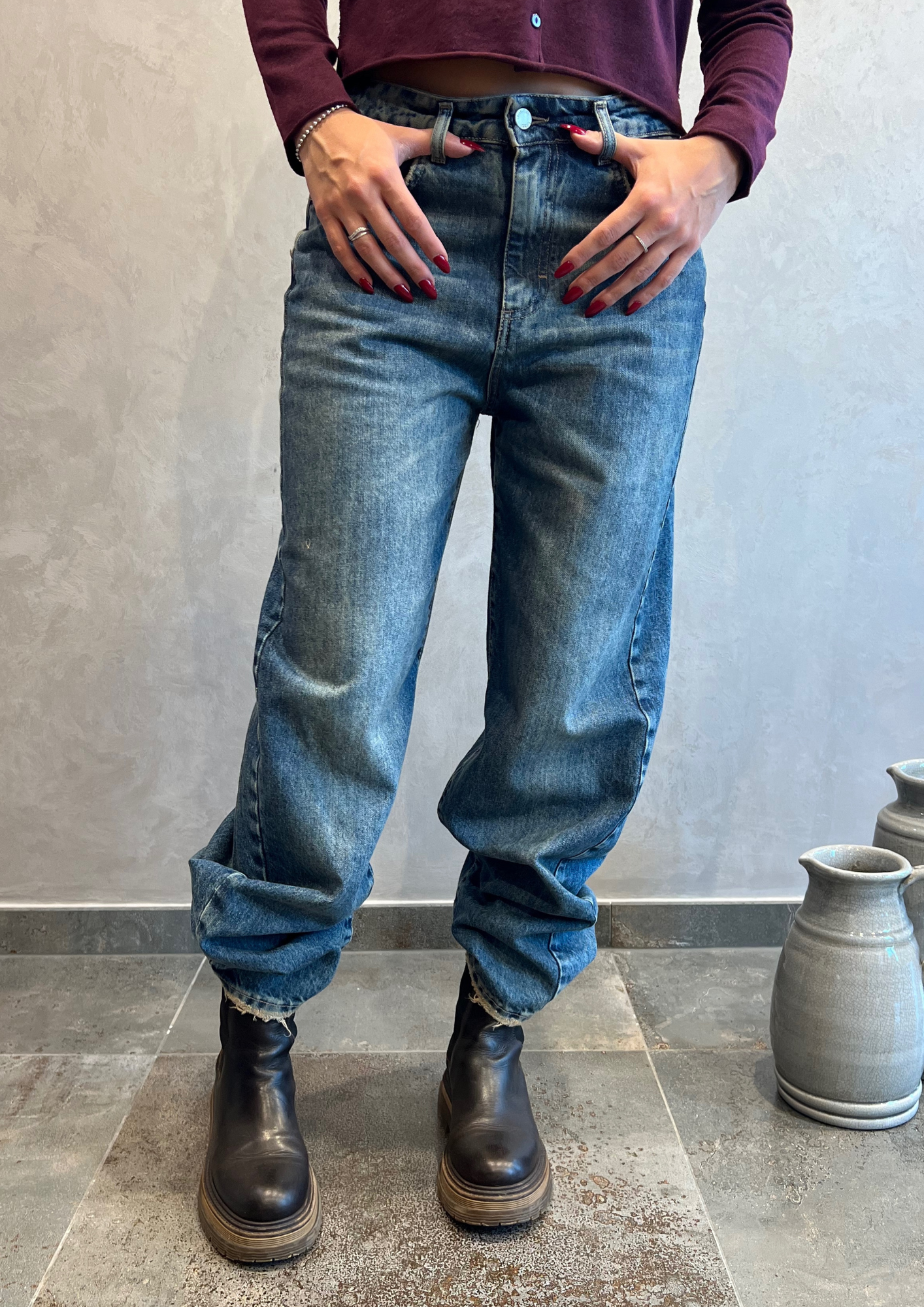 Jeans baggy barrel blu sabbiato