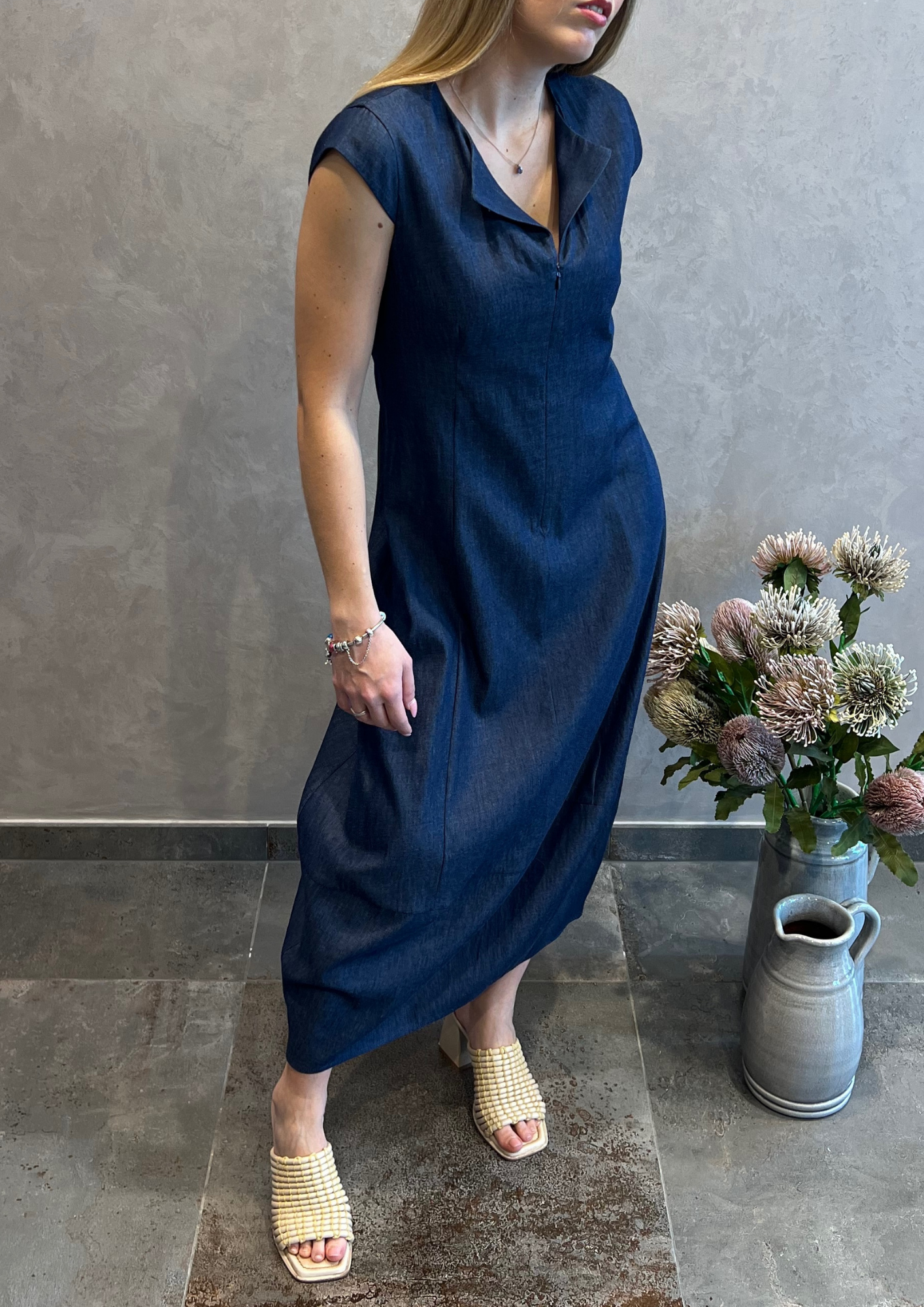 Abito lungo in chambray con zip