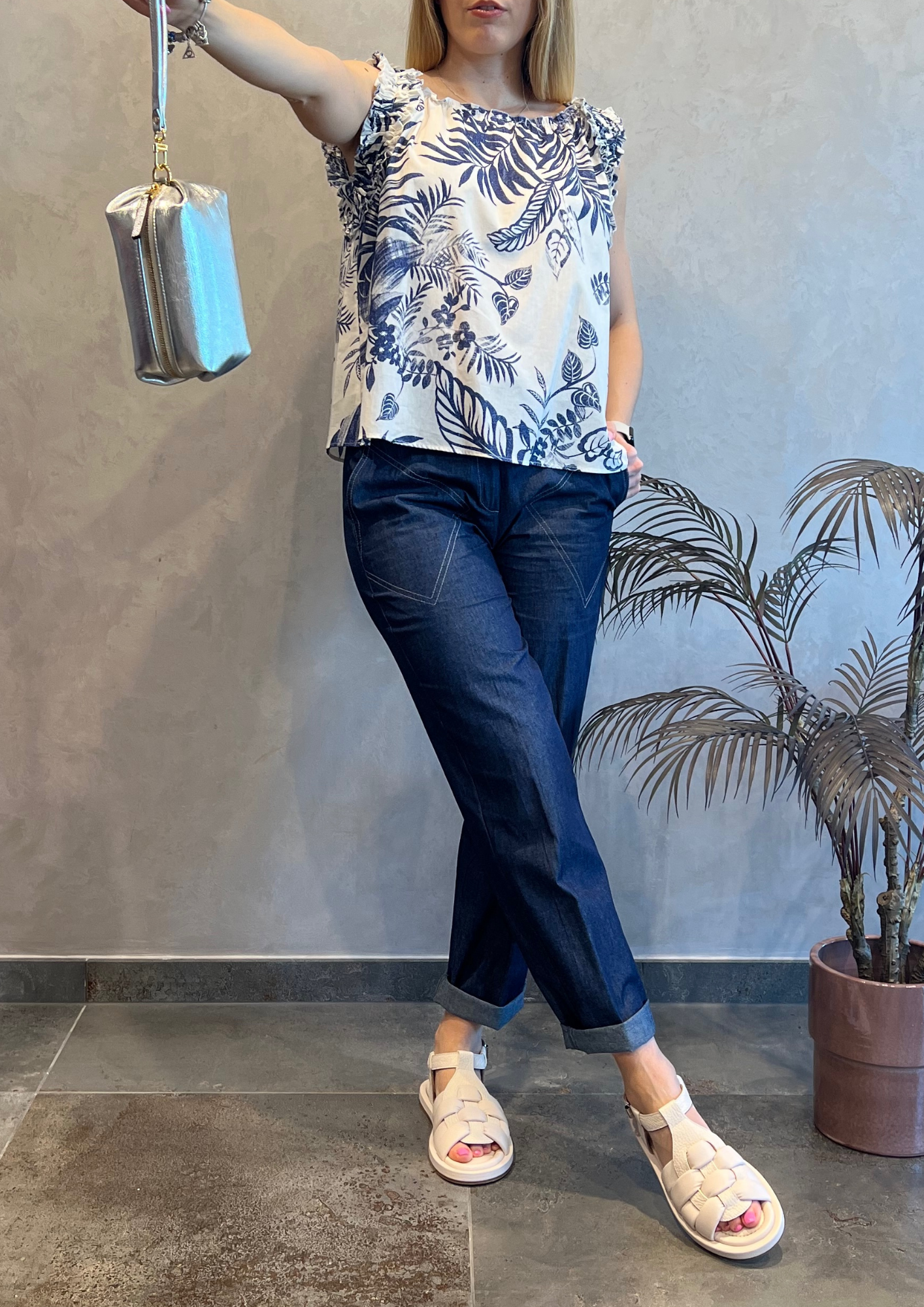 Pantalone dritto denim chambray di cotone