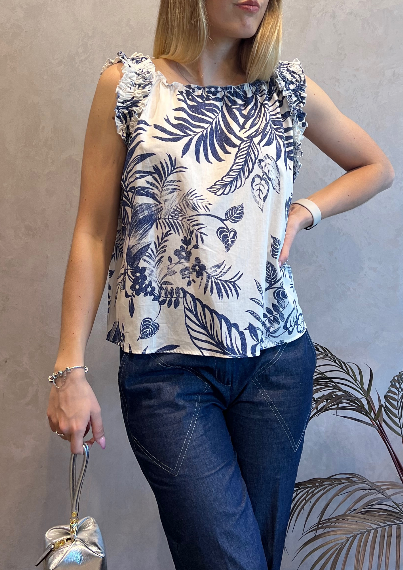 Blusa canotta arricciata 100% cotone in fantasia