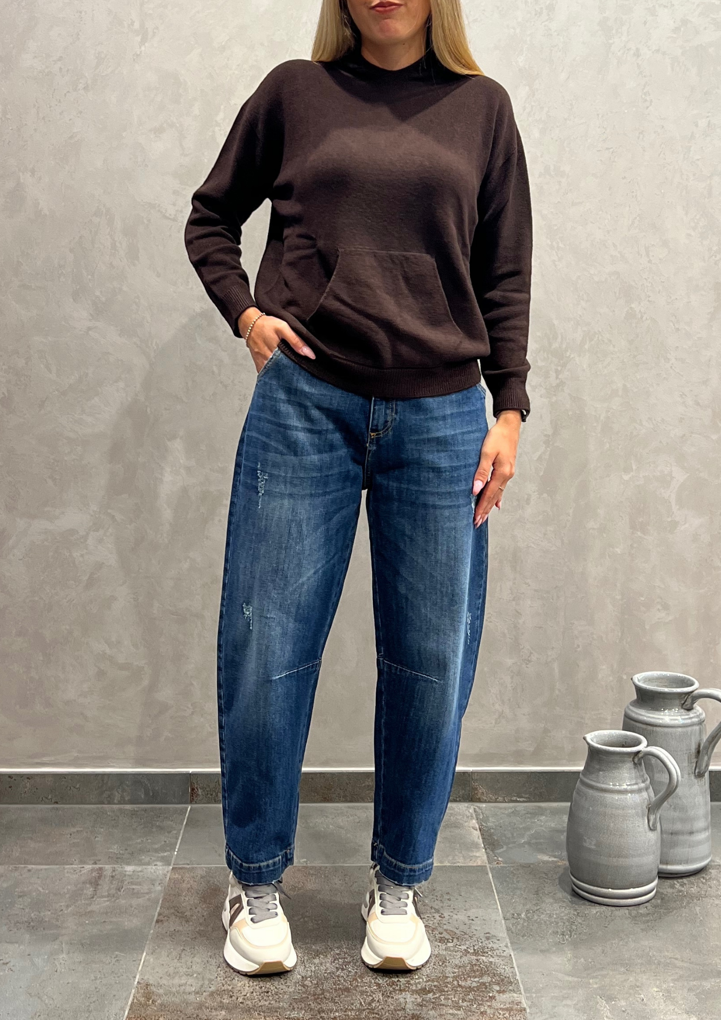 Jeans barrel blu sabbiato