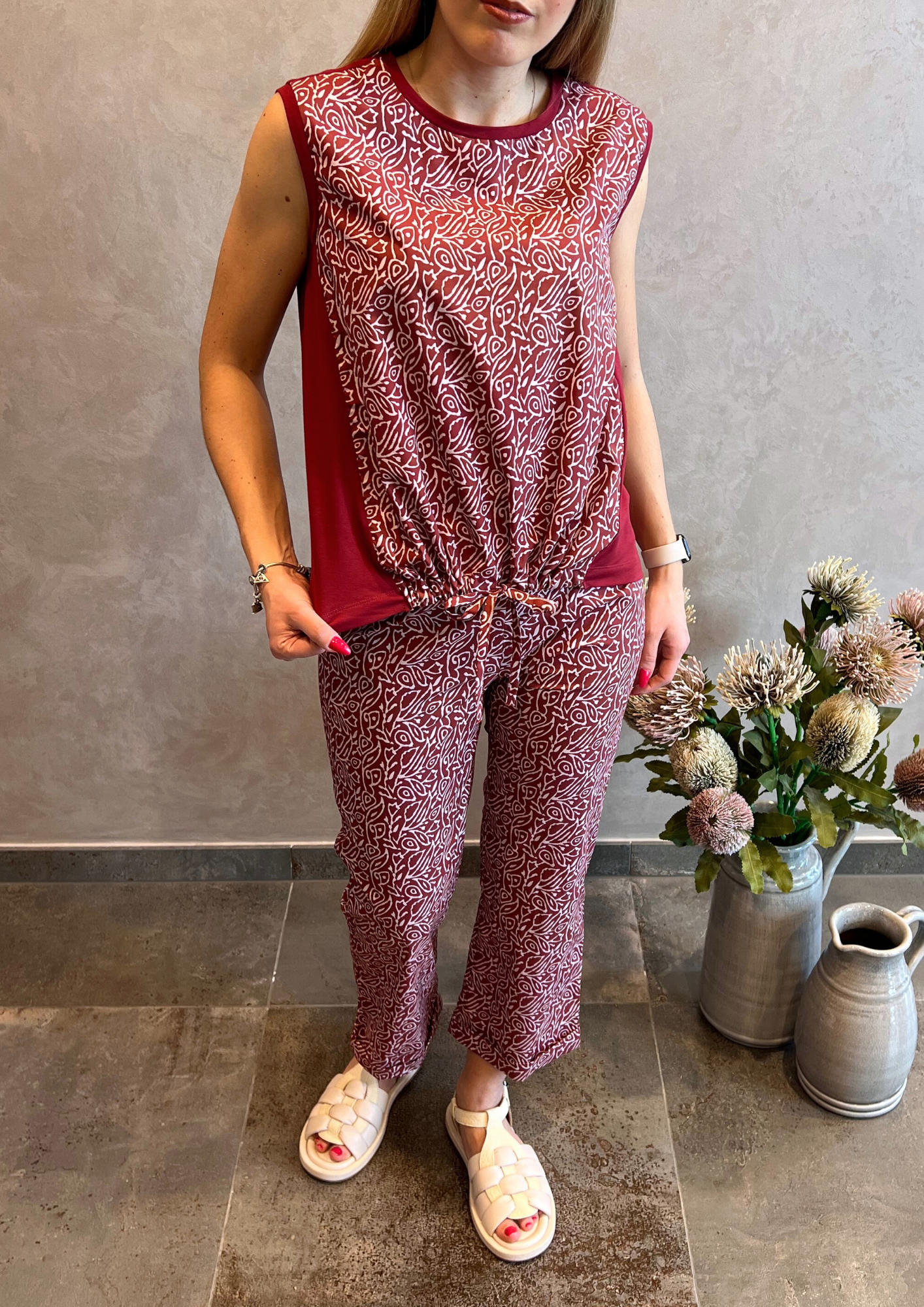 Blusa bimaterica smanicata in fantasia con coulisse