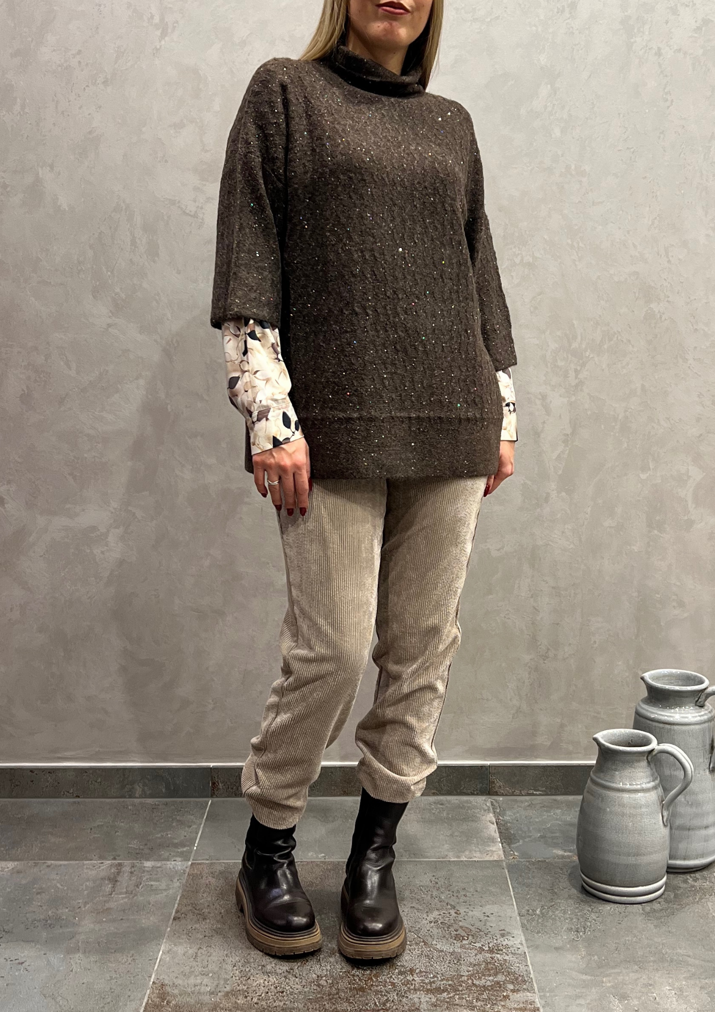 Maglia lunga a scatola con paillettes in trama