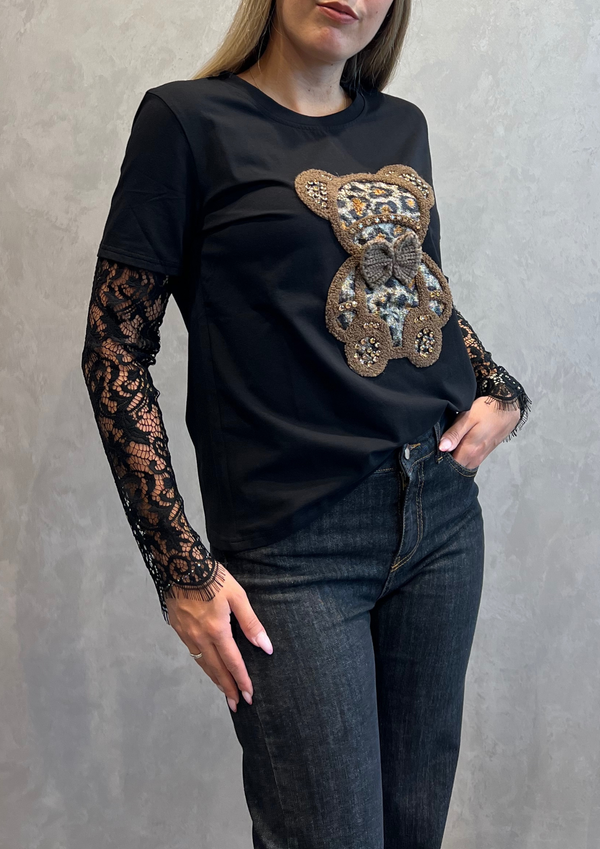 T-shirt teddy bear con maniche in pizzo
