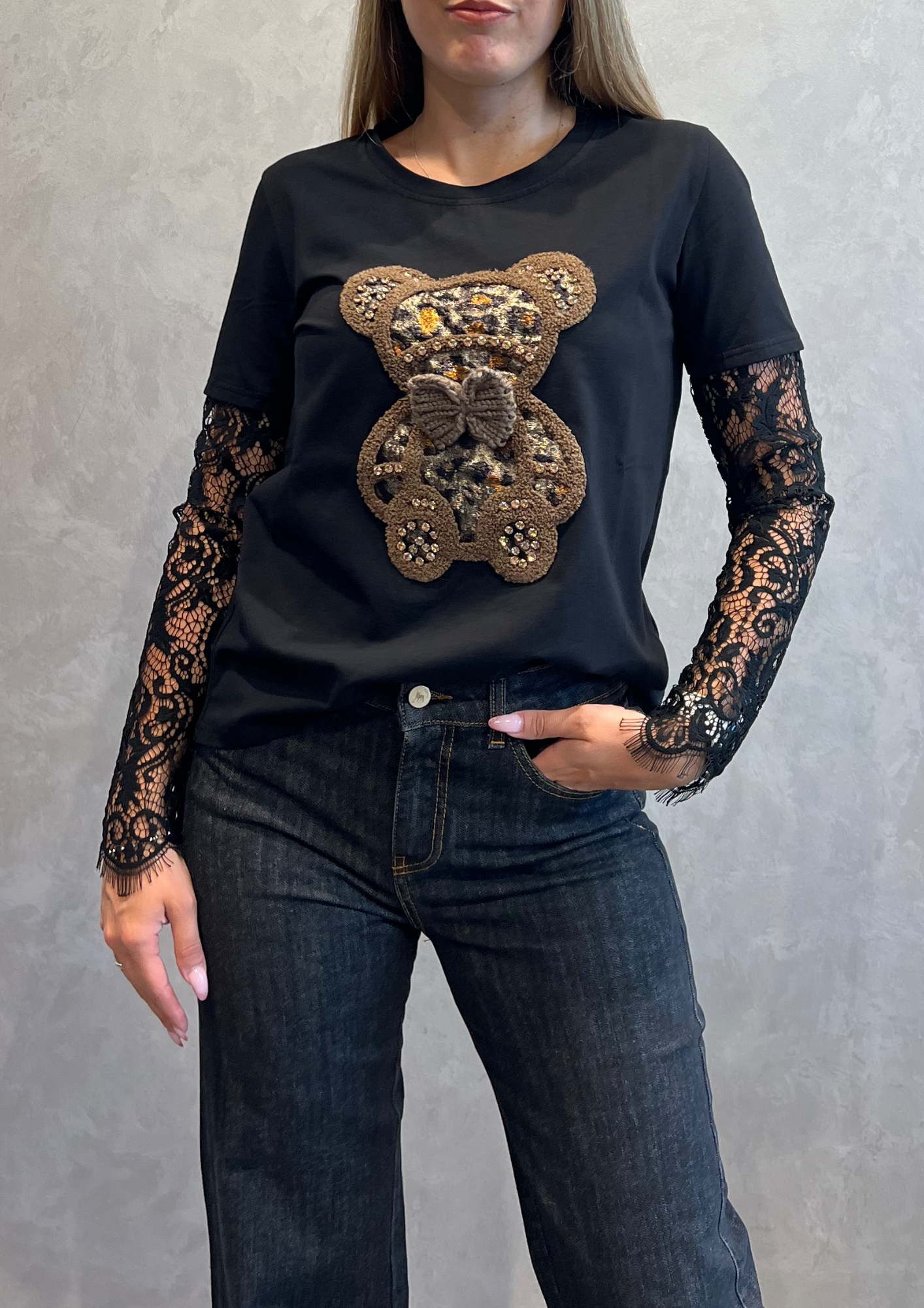 T-shirt teddy bear con maniche in pizzo