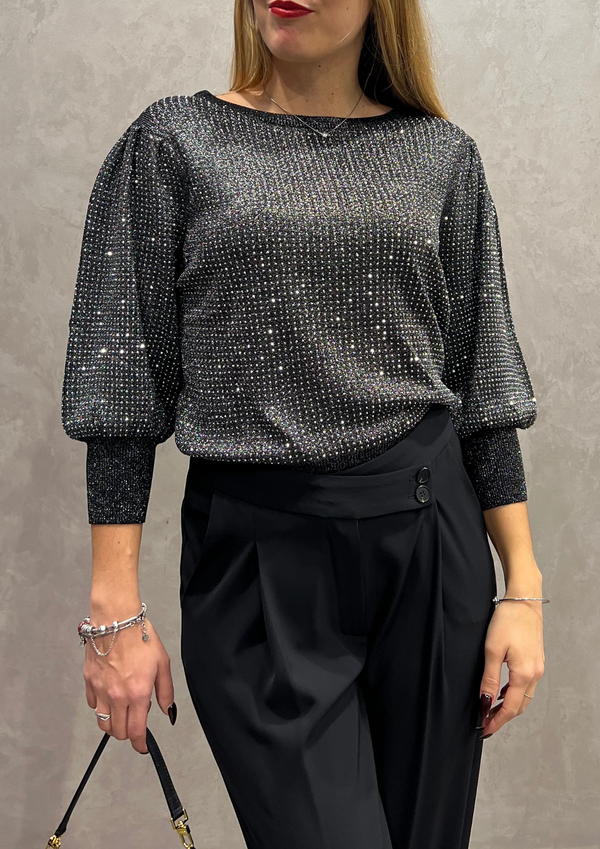 Maglia strass e lurex con maniche a palloncino