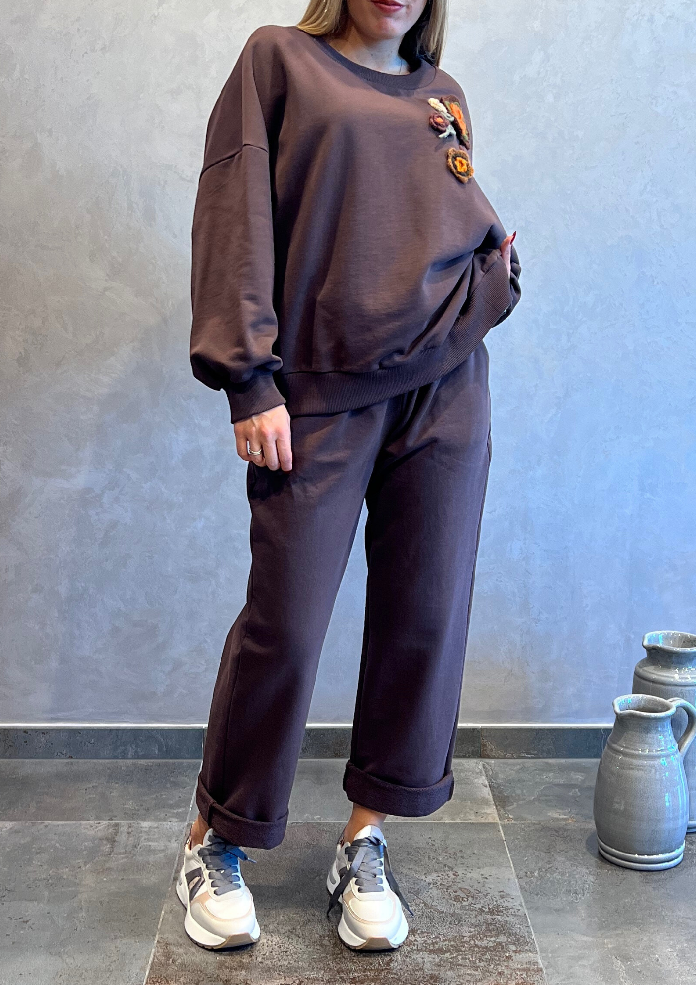 Pantalone dritto over in felpa garzata