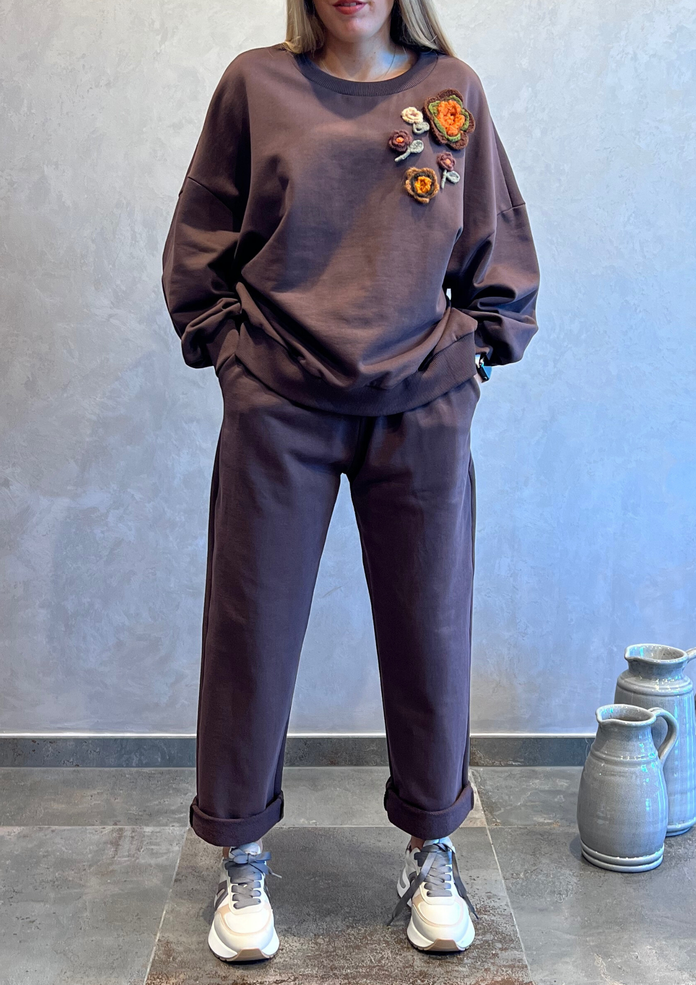 Pantalone dritto over in felpa garzata