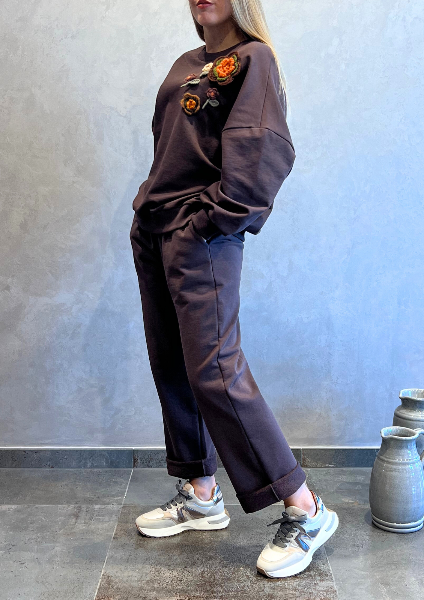 Pantalone dritto over in felpa garzata