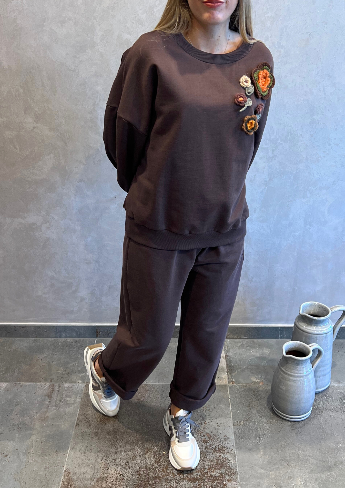 Pantalone dritto over in felpa garzata